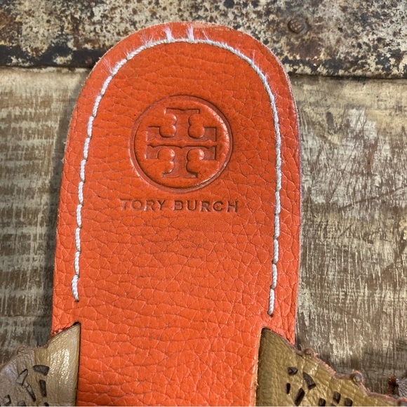 Tory Burch Roselle Thong Sandals Red Orange Colored Perforated Leather Size 8 - Picture 10 of 16